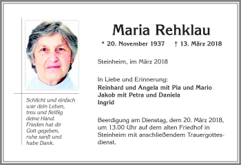 Traueranzeige von Maria Rehklau von Memminger Zeitung