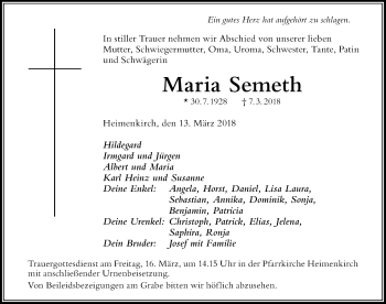 Traueranzeige von Maria Semeth von Der Westallgäuer
