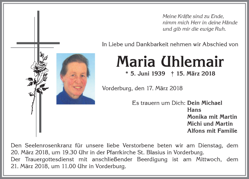  Traueranzeige für Maria Uhlemair vom 17.03.2018 aus Allgäuer Anzeigeblatt
