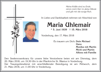 Traueranzeige von Maria Uhlemair von Allgäuer Anzeigeblatt