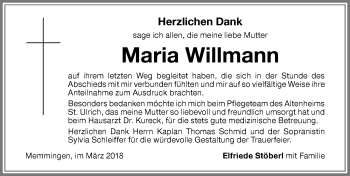Traueranzeige von Maria Willmann von Memminger Zeitung
