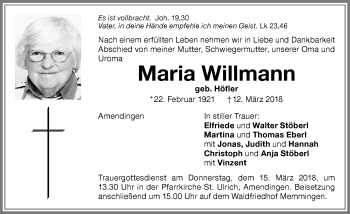 Traueranzeige von Maria Willmann von Memminger Zeitung