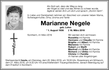 Traueranzeige von Marianne Negele von Memminger Zeitung
