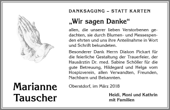 Traueranzeige von Marianne Tauscher von Allgäuer Anzeigeblatt