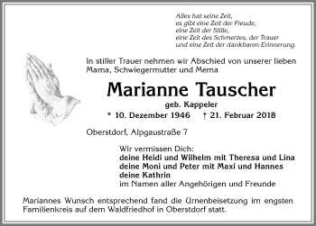 Traueranzeige von Marianne Tauscher von Allgäuer Anzeigeblatt