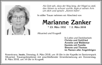 Traueranzeige von Marianne Zanker von Allgäuer Zeitung,Kempten