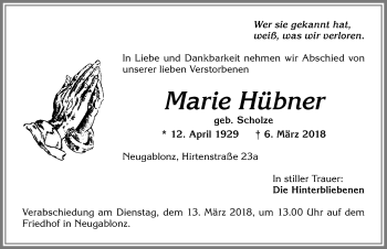 Traueranzeige von Marie Hübner von Allgäuer Zeitung, Kaufbeuren/Buchloe