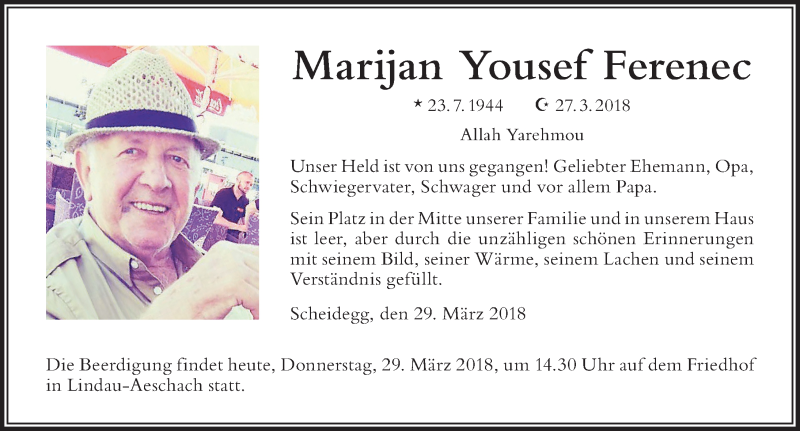  Traueranzeige für Marijan Yousef Ferenec vom 29.03.2018 aus Der Westallgäuer