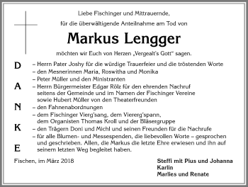 Traueranzeige von Markus Lengger von Allgäuer Anzeigeblatt