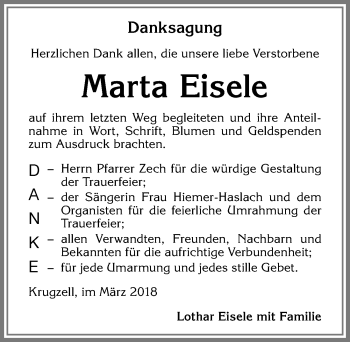 Traueranzeige von Marta Eisele von Allgäuer Zeitung,Kempten