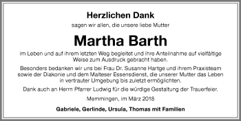 Traueranzeige von Martha Barth von Memminger Zeitung