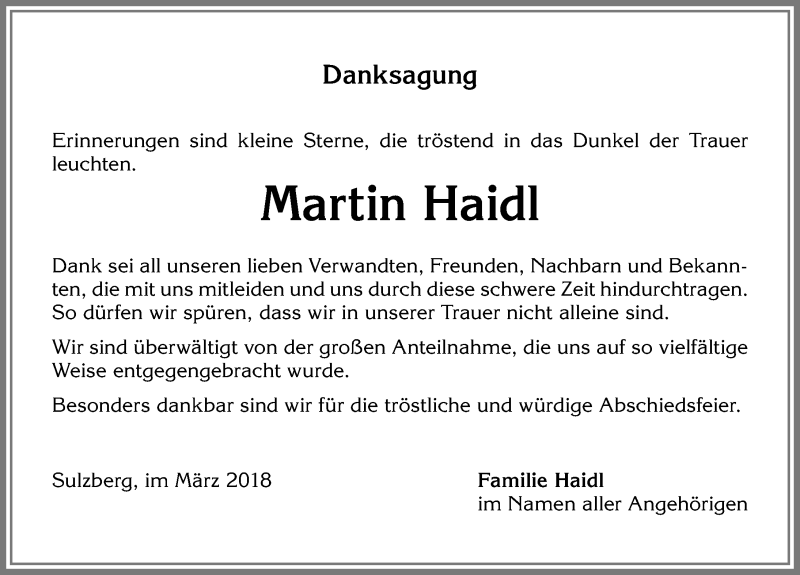  Traueranzeige für Martin Haidl vom 10.03.2018 aus Allgäuer Zeitung,Kempten