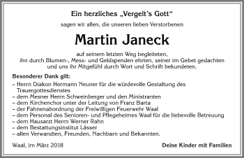 Traueranzeige von Martin Janeck von Allgäuer Zeitung, Kaufbeuren/Buchloe