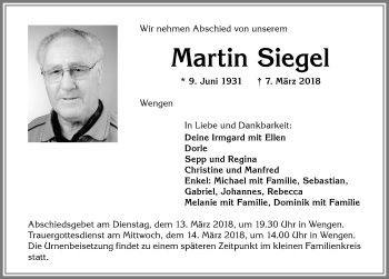 Traueranzeige von Martin Siegel von Allgäuer Zeitung