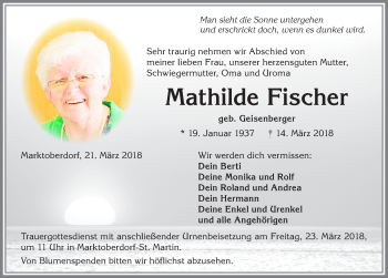 Traueranzeige von Mathilde Fischer von Allgäuer Zeitung, Marktoberdorf