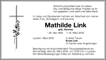 Traueranzeige von Mathilde Link von Memminger Zeitung