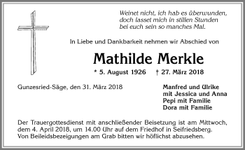 Traueranzeige von Mathilde Merkle von Allgäuer Anzeigeblatt