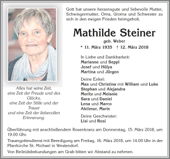 Traueranzeige von Mathilde Steiner von Allgäuer Zeitung, Kaufbeuren/Buchloe
