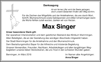 Traueranzeige von Max Singer von Memminger Zeitung
