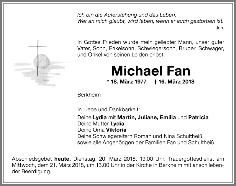  Traueranzeige für Michael Fan vom 20.03.2018 aus Memminger Zeitung