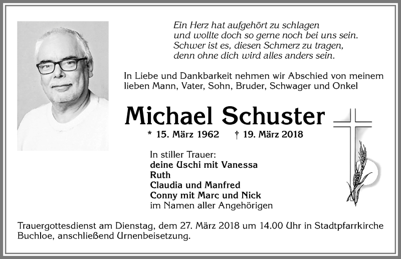  Traueranzeige für Michael Schuster vom 23.03.2018 aus Allgäuer Zeitung, Kaufbeuren/Buchloe