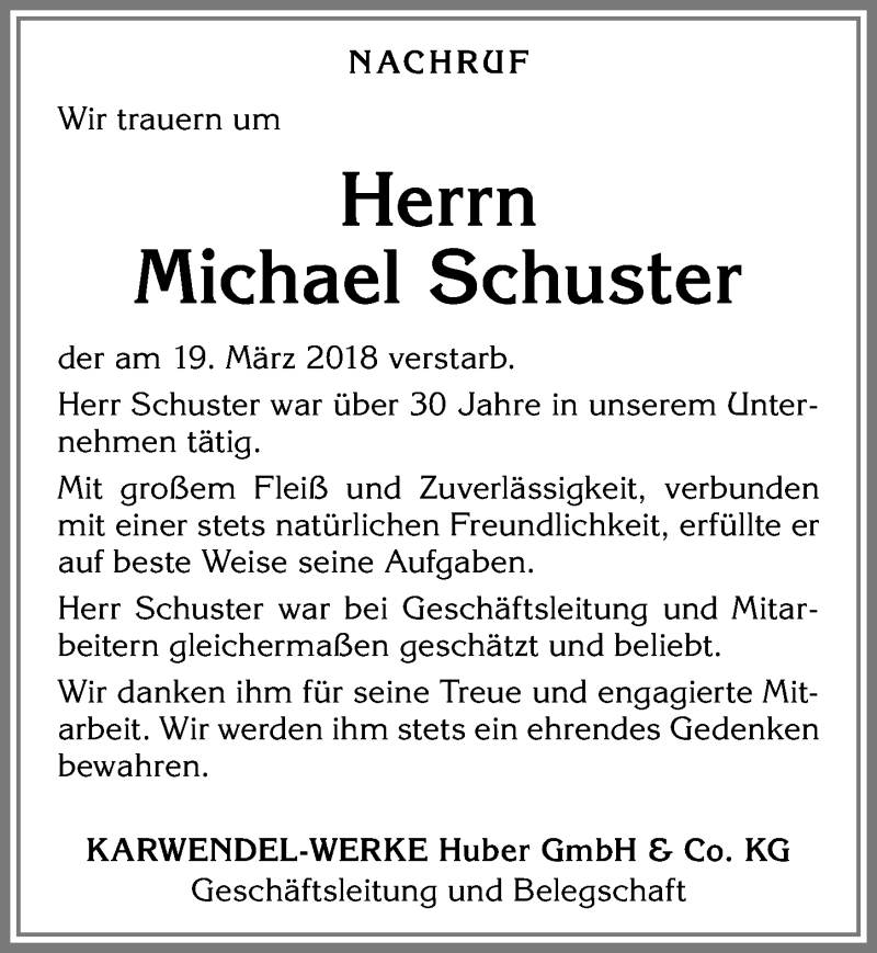  Traueranzeige für Michael Schuster vom 24.03.2018 aus Allgäuer Zeitung, Kaufbeuren/Buchloe