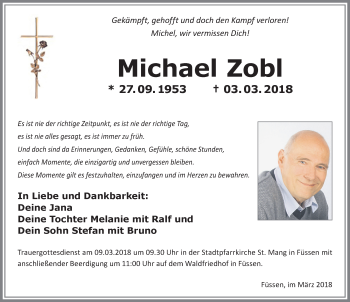 Traueranzeige von Michael Zobl von Allgäuer Zeitung, Füssen