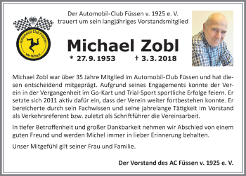 Traueranzeige von Michael Zobl von Allgäuer Zeitung, Füssen