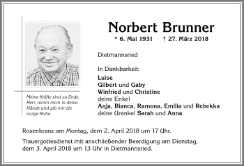 Traueranzeige von Norbert Brunner von Allgäuer Zeitung,Kempten