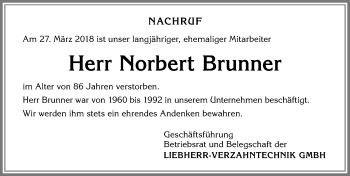 Traueranzeige von Norbert Brunner von Allgäuer Zeitung,Kempten