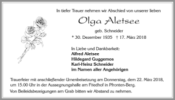 Traueranzeige von Olga Aletsee von Allgäuer Zeitung, Füssen