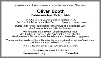Traueranzeige von Oliver Booth von Allgäuer Zeitung, Kaufbeuren/Buchloe
