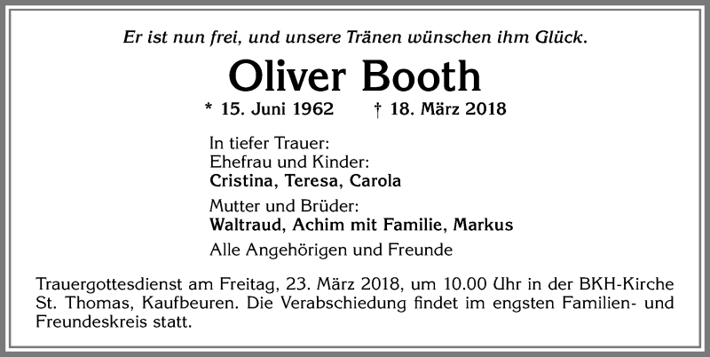  Traueranzeige für Oliver Booth vom 21.03.2018 aus Allgäuer Zeitung, Kaufbeuren/Buchloe