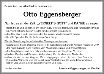 Traueranzeige von Otto Eggensberger von Allgäuer Zeitung, Füssen