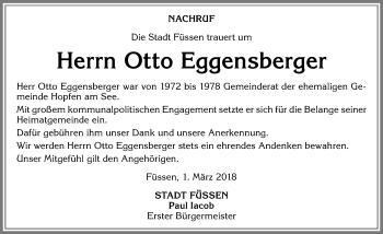 Traueranzeige von Otto Eggensberger von Allgäuer Zeitung, Füssen