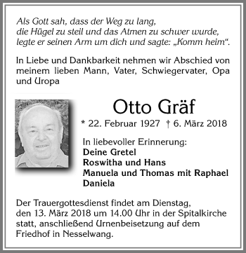 Traueranzeige von Otto Gräf von Allgäuer Zeitung, Füssen