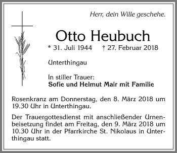 Traueranzeige von Otto Heubuch von Allgäuer Zeitung, Marktoberdorf