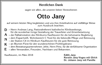 Traueranzeige von Otto Jany von Allgäuer Zeitung, Kaufbeuren/Buchloe