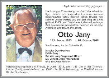 Traueranzeige von Otto Jany von Allgäuer Zeitung, Kaufbeuren/Buchloe