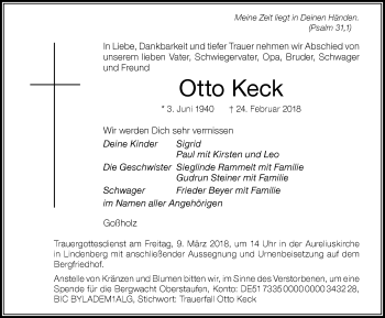 Traueranzeige von Otto Keck von Der Westallgäuer