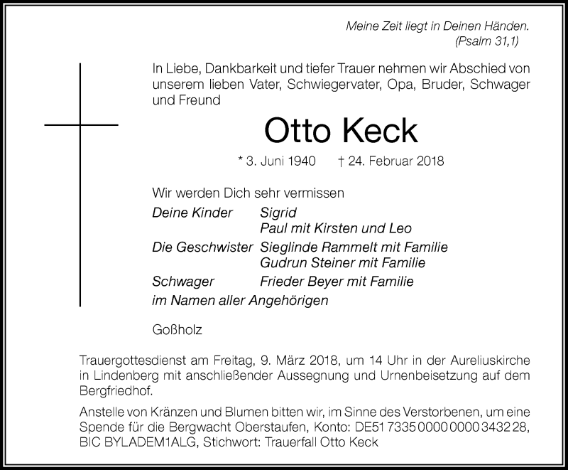  Traueranzeige für Otto Keck vom 05.03.2018 aus Der Westallgäuer