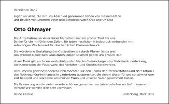 Traueranzeige von Otto Ohmayer von Der Westallgäuer