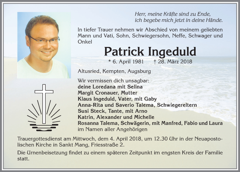  Traueranzeige für Patrick Ingeduld vom 31.03.2018 aus Allgäuer Zeitung,Kempten