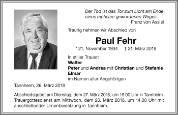Traueranzeige von Paul Fehr von Memminger Zeitung