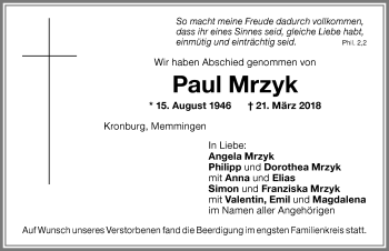 Traueranzeige von Paul Mrzyk von Memminger Zeitung