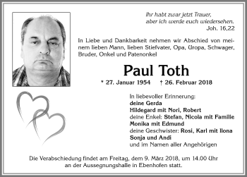 Traueranzeige von Paul Toth von Allgäuer Zeitung, Marktoberdorf