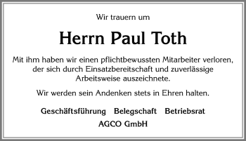Traueranzeige von Paul Toth von Allgäuer Zeitung, Marktoberdorf