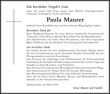 Traueranzeige von Paula Maurer von Der Westallgäuer