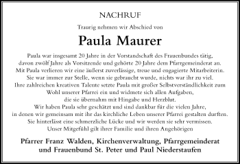 Traueranzeige von Paula Maurer von Der Westallgäuer