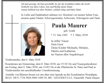 Traueranzeige von Paula Maurer von Der Westallgäuer